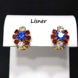 Vintage Lisner Red Blue Patriotic Earrings, Rhinestones Clips, 1950s
